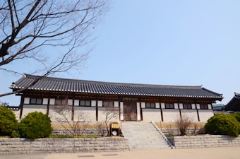 A traditional Korean building with a tiled roof stands prominently, surrounded by neatly trimmed bushes and a bare tree. The structure features a wide stone staircase leading up to a wooden door in the center. The sky is clear and blue, contributing to a peaceful atmosphere.