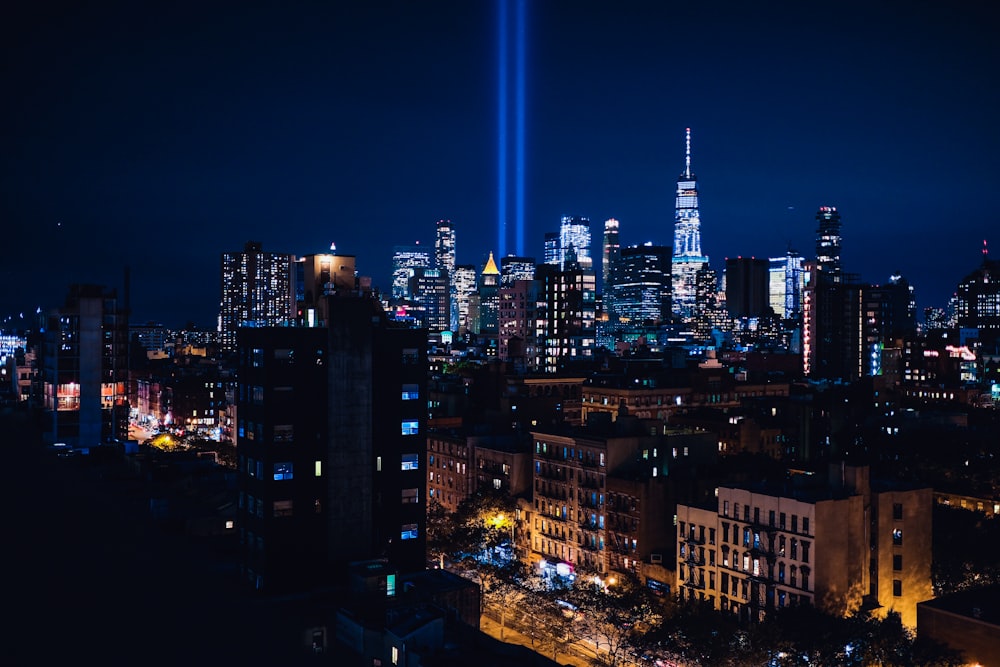 high angle photo of lighted city