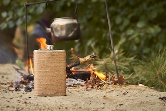 A rustic leather-wrapped flask placed beside a campfire, with a blurred background of trees and evening sky.