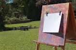 An easel stands in a grassy outdoor setting, holding a blank white canvas. The easel is splattered with colorful paint, suggesting frequent artistic use. In the background, there is lush greenery and a garden bed, creating a serene and natural environment.