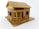 A small, intricately crafted wooden model house with a pitched roof and a porch. The structure includes windows with visible frames, and the overall design appears detailed, reflecting careful craftsmanship.