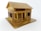 A small, intricately crafted wooden model house with a pitched roof and a porch. The structure includes windows with visible frames, and the overall design appears detailed, reflecting careful craftsmanship.