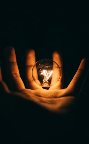 clear glass bulb on human palm