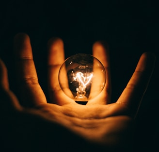 clear glass bulb on human palm