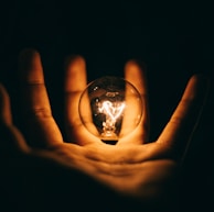 clear glass bulb on human palm