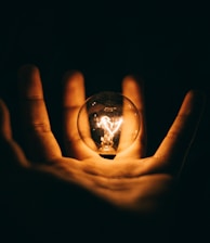 clear glass bulb on human palm