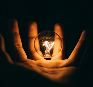 clear glass bulb on human palm