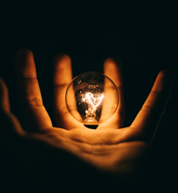 clear glass bulb on human palm