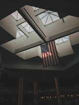 An American flag-themed office space with red and blue accents reflecting the brand colors.