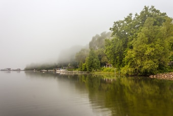 A serene lakeside scene with dense fog blanketing the water and shoreline. The image features lush green trees on the right, reflecting softly on the calm surface of the lake. Small structures and boats are faintly visible through the mist, creating a tranquil and secluded atmosphere.