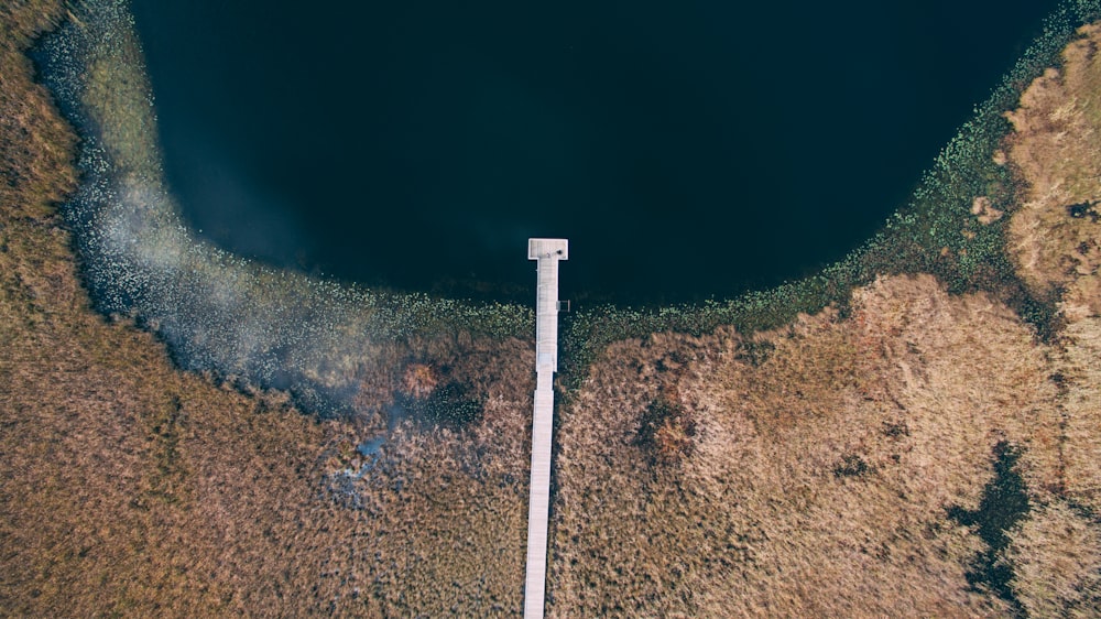aerial photography of dock at lake