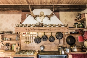 A rustic kitchen interior features a wooden shelf adorned with a row of ornate teacups and a mounted antler above. Below, several hanging frying pans and cooking utensils are neatly arranged. The countertop displays a gas stove, and various pots and items, including a kettle, are visible. The decor includes a traditional theme with exposed wooden beams and textured wallpaper.