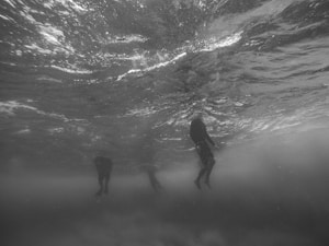 grayscale photo taken underwater of people swimming