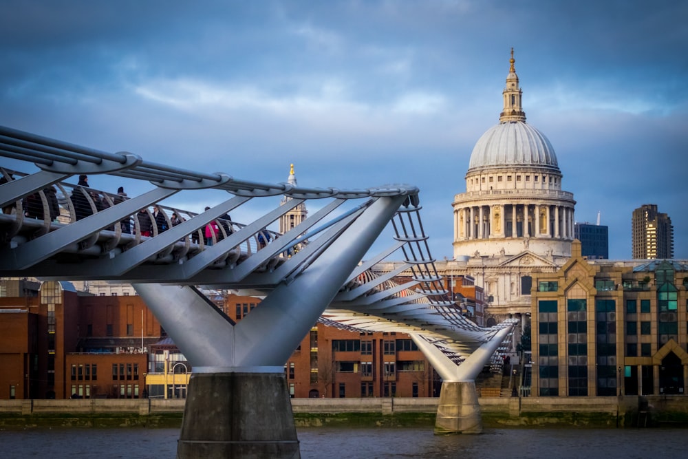 a view of a bridge with a building in the background