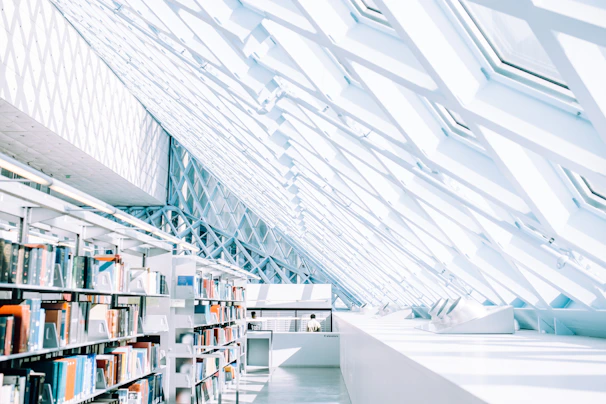 The school's sleek library filled with natural light and rows of books.