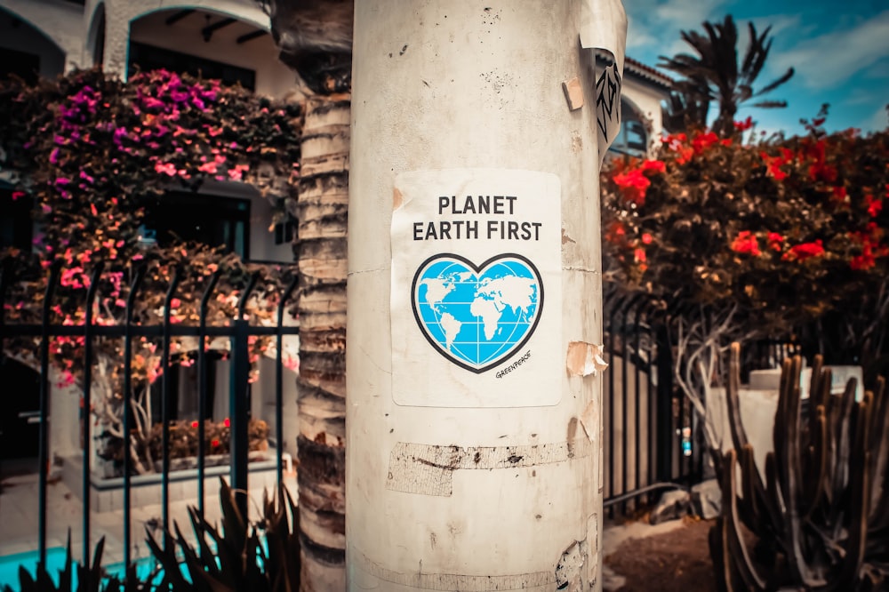 Letreros de Planet Earth First pegados en un poste gris al aire libre