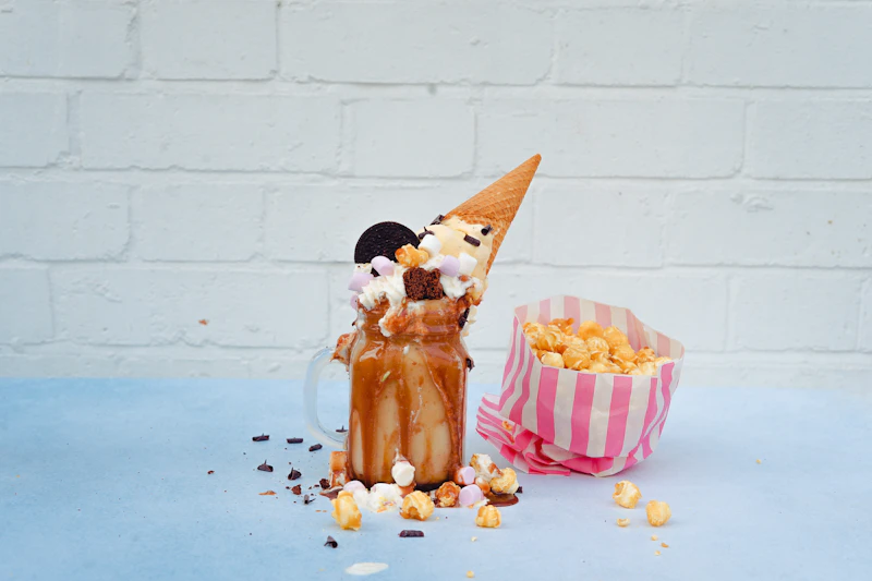 Scooped ice cream served with toppings