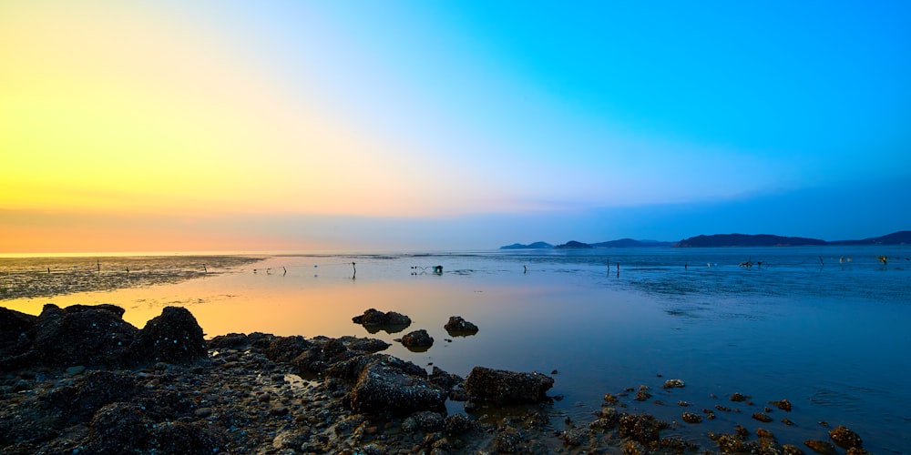 blue beach under clear blue sky