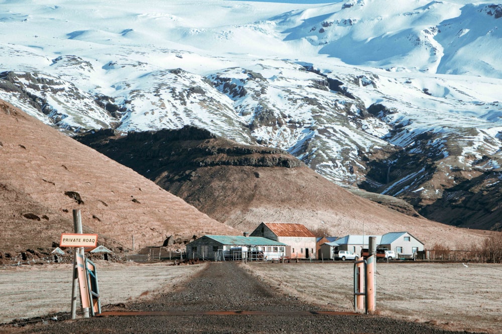 village near ice-covered mountain