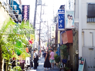 A narrow, busy street in a Japanese city lined with various colorful signs in Japanese. People walk along the street, which is flanked by small shops and buildings. Vegetation, such as palm leaves, adds a touch of greenery to the urban setting.