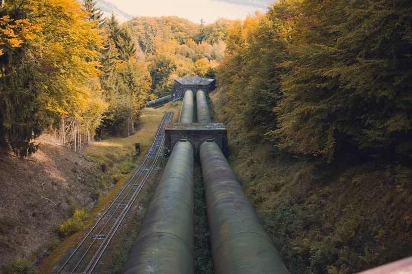 An industrial scene with large pipelines running through a forested area. The pipes extend into the distance surrounded by lush trees in autumn with shades of yellow, orange, and green. The setting is outdoors, with a clear contrast between the engineered structures and the natural environment.