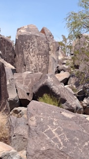 Close-up of ancient petroglyphs carved into bright red rocks under a clear blue sky.