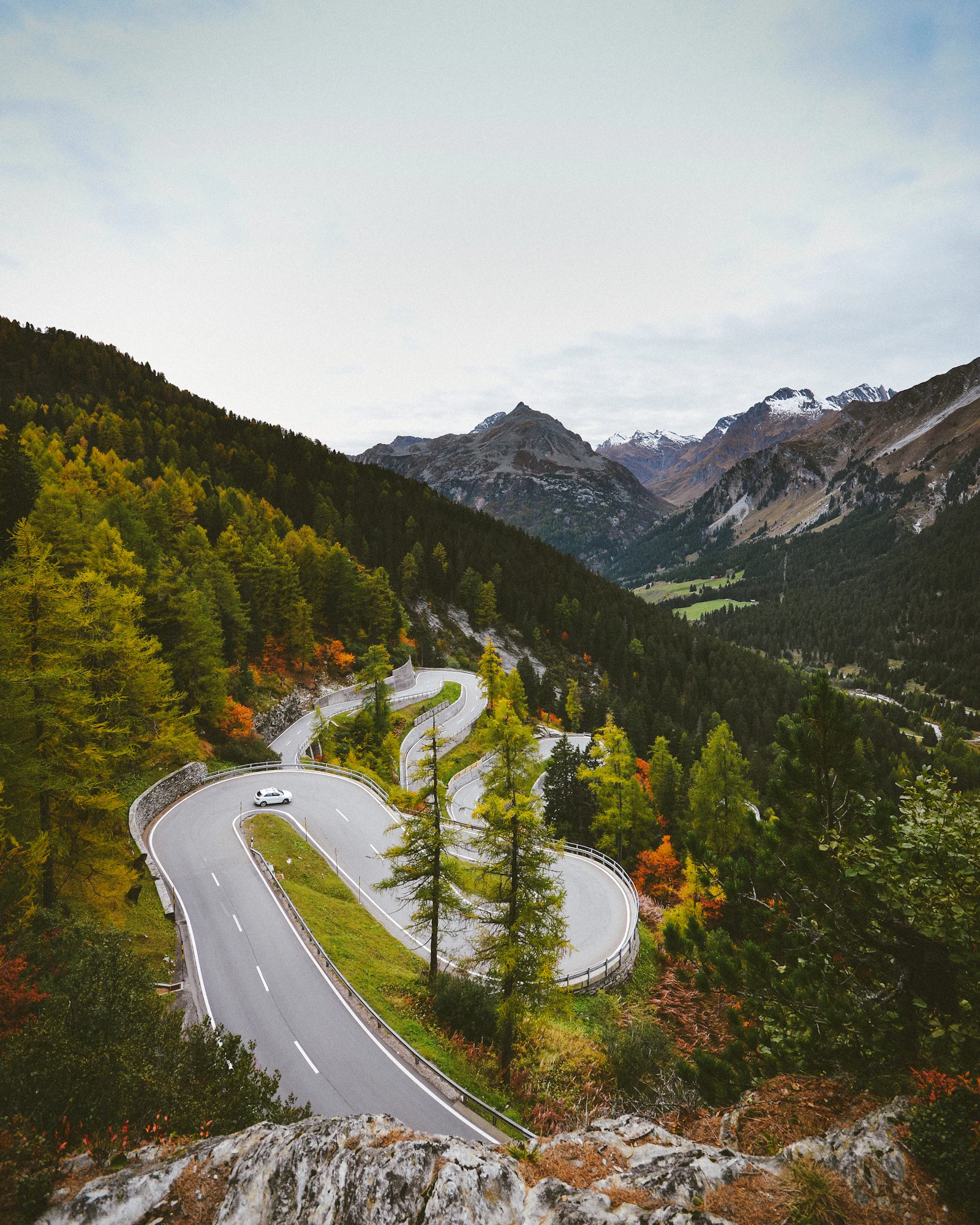 Hairpin road crossing a high Swiss mountain pass