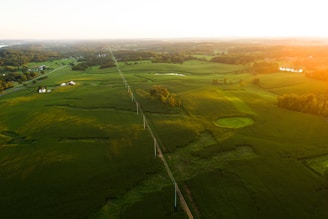 Aerial view of lush green farmland at sunrise with golden light spreading.