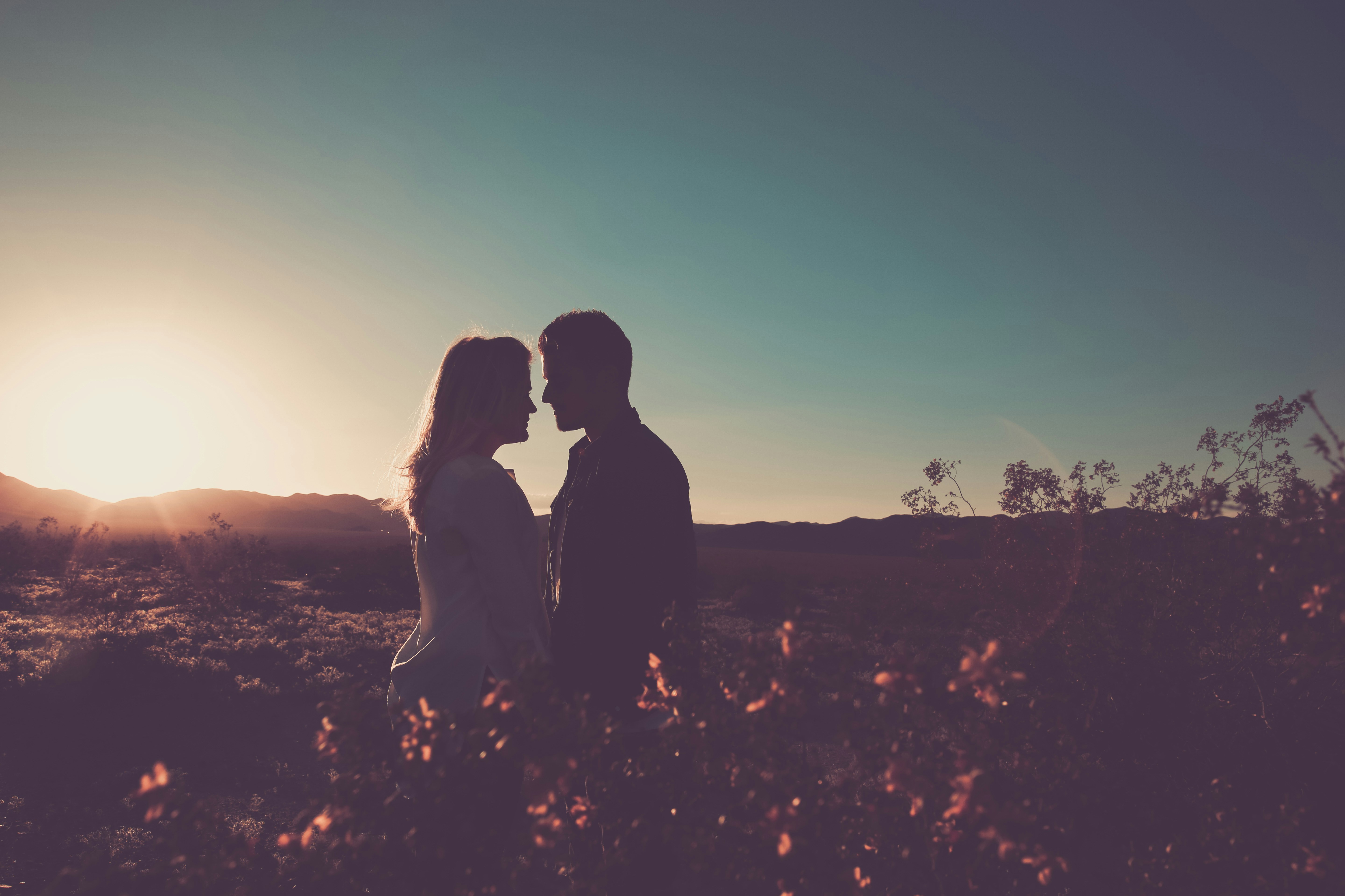 Couple silhouetted against a starry night sky in a desert landscape