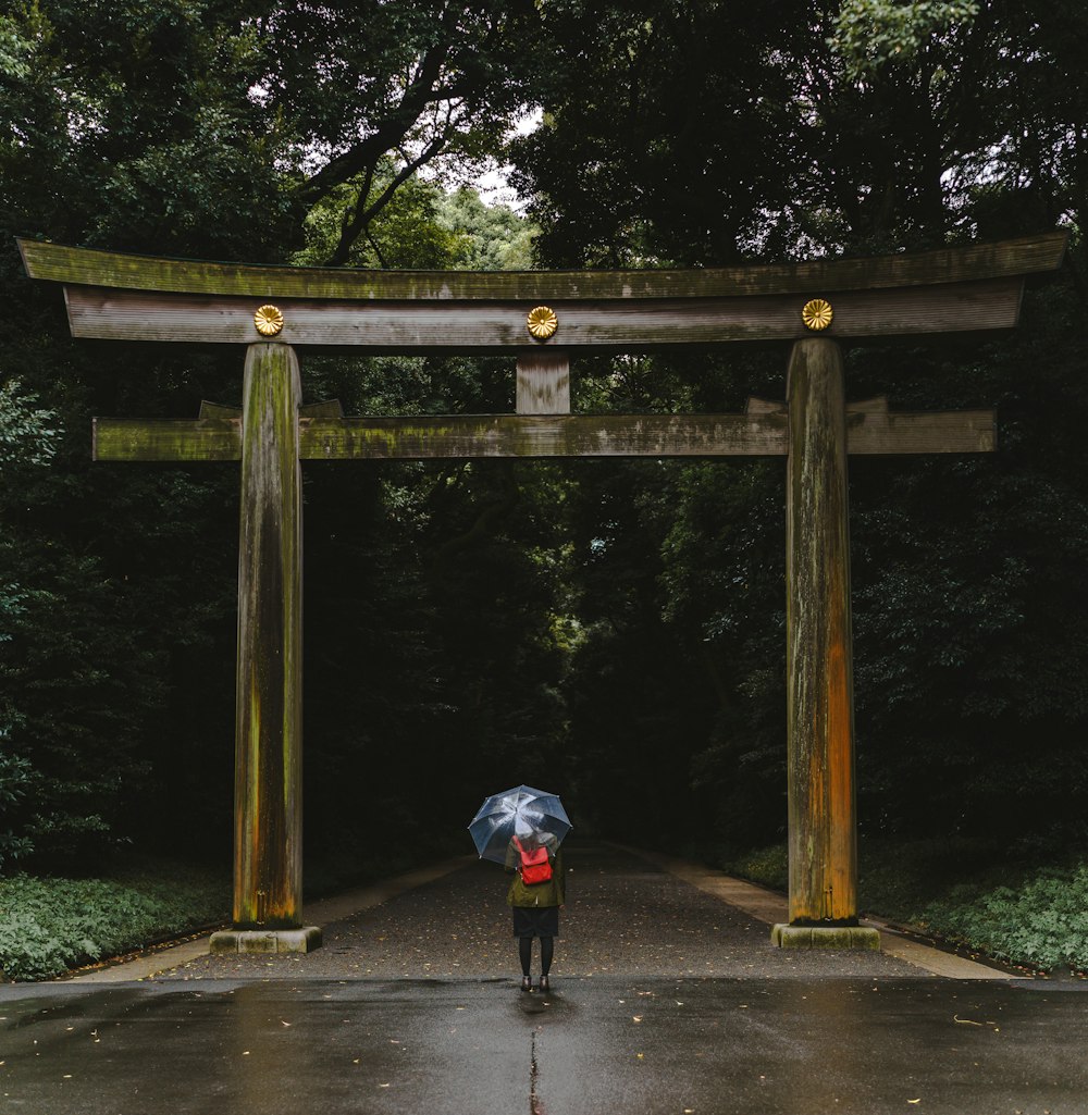 Persona in piedi davanti al torii durante il giorno