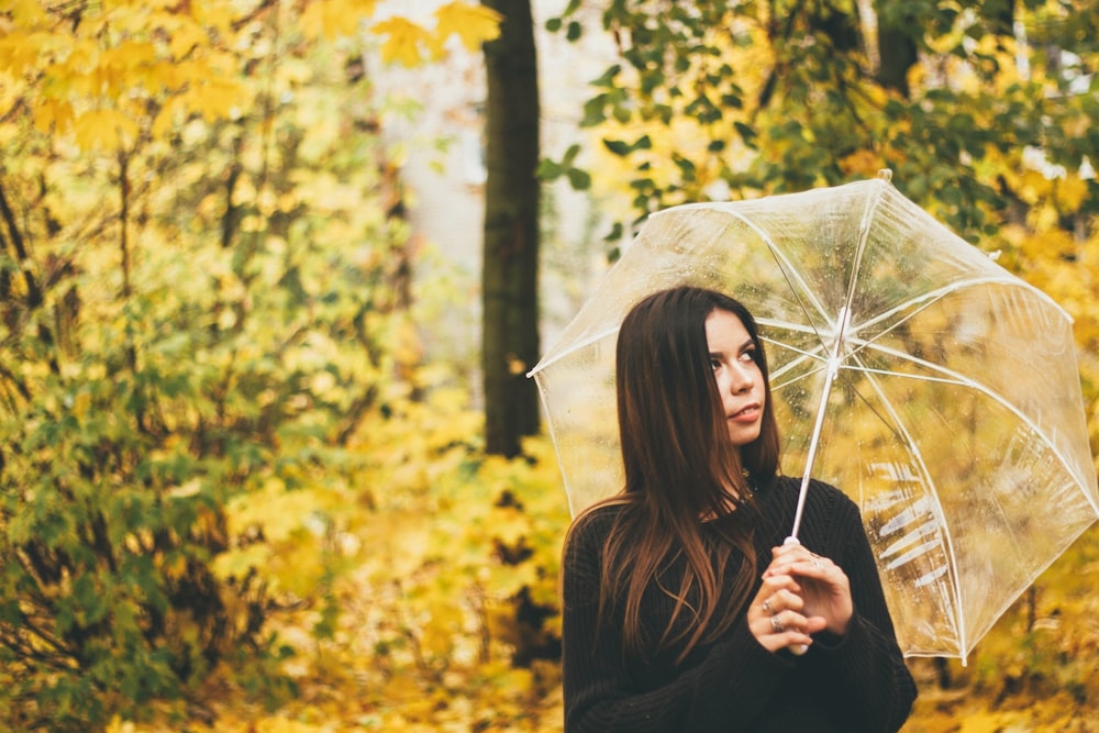woman holding clear umbrella