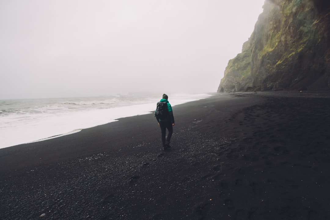man walking on black seashore, Walking along the black sand beaches of Iceland.