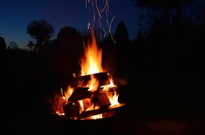 A rustic campfire glowing warmly under a starry night sky.
