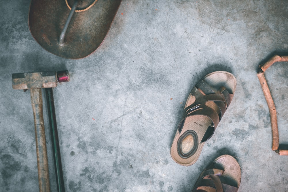 pair of gray sandals aerial photo