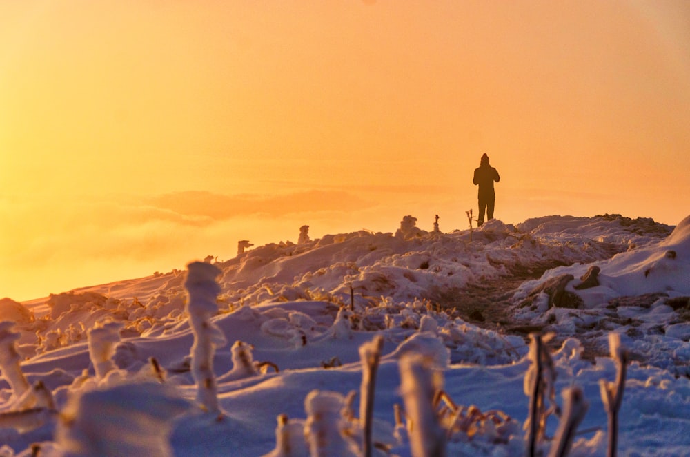 humano de pie en la montaña cubierta de nieve