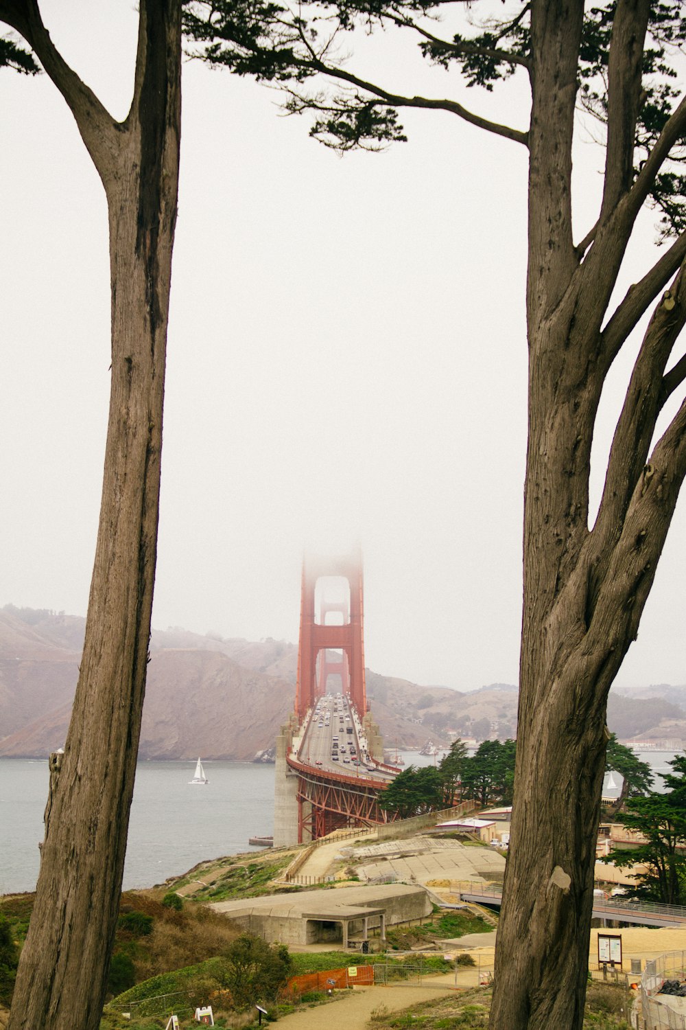 red and gray concrete string bridge