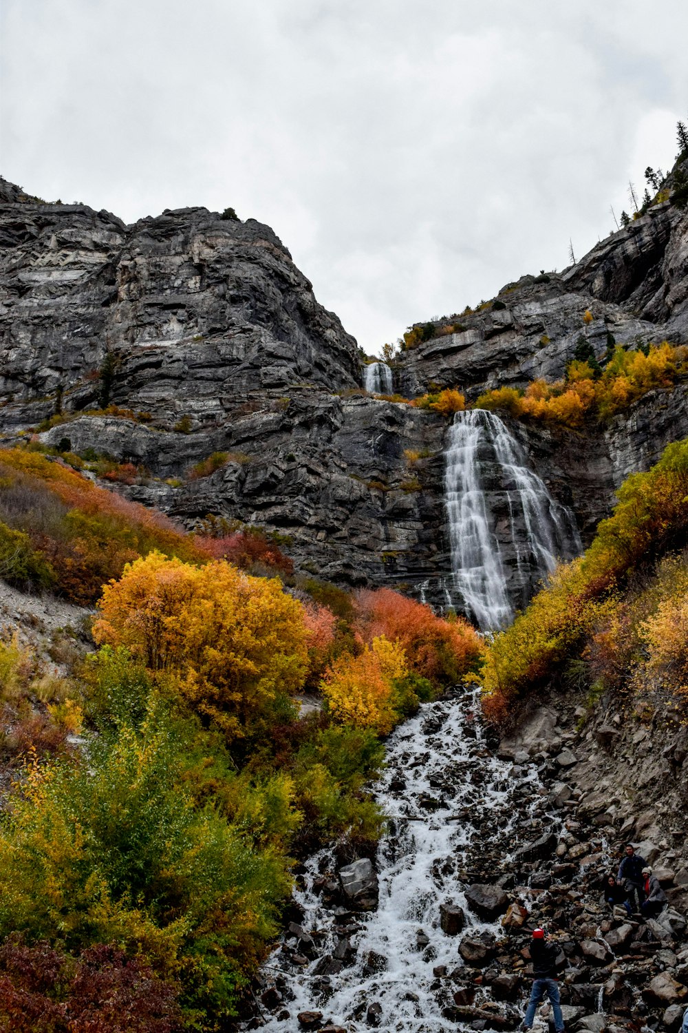 time laps photography of plunge waterfalls under cumulus clouds