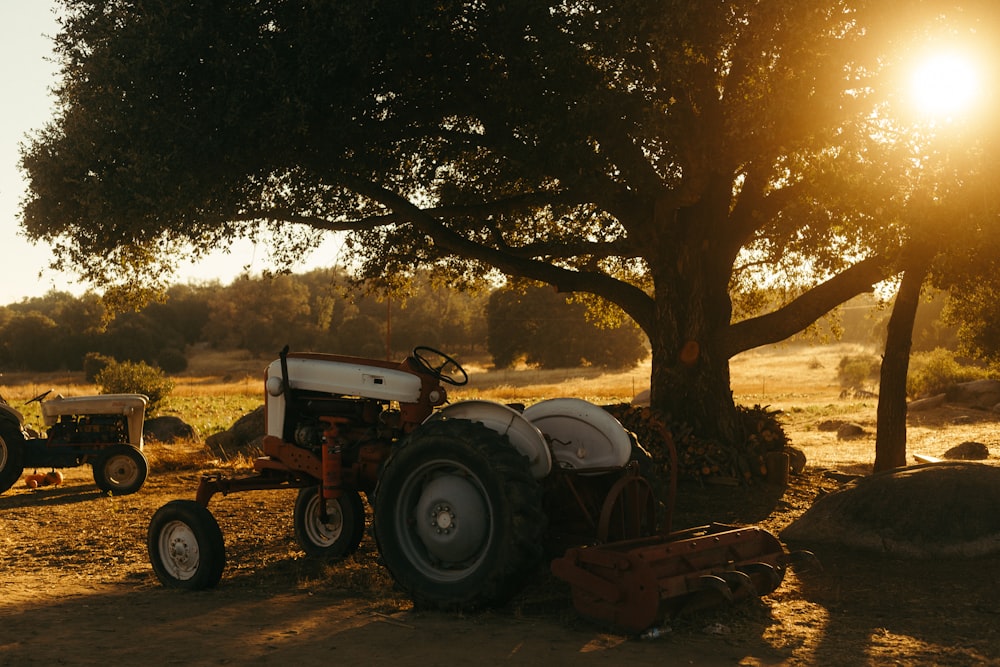 tractor blanco estacionado junto a un árbol