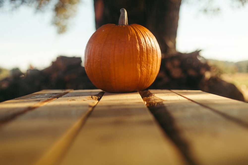 a small pumpkin sitting on a wooden table
