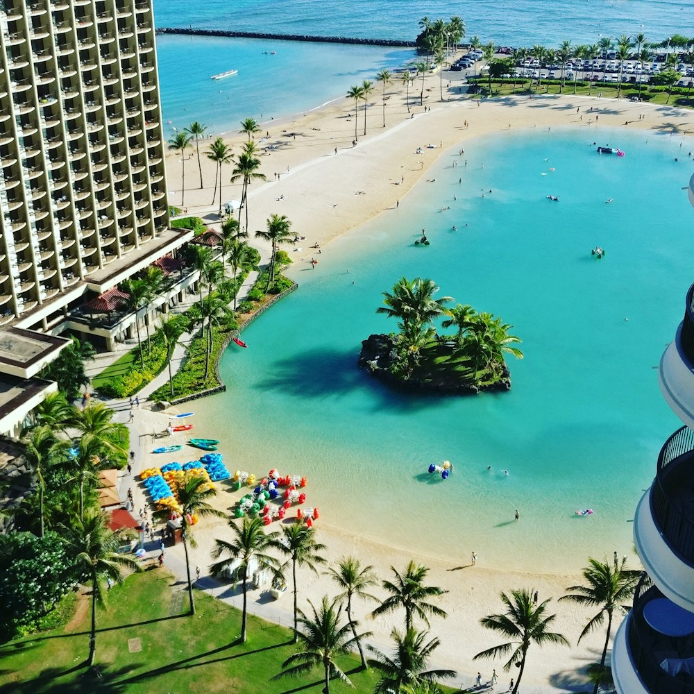 top view of resort near beach during daytime