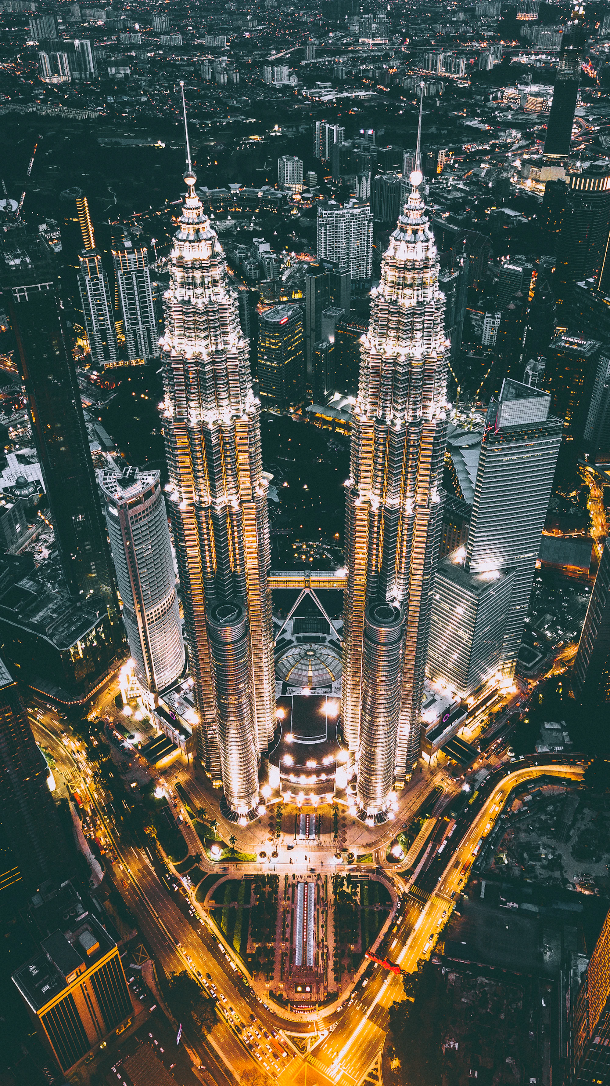 Aerial view of the Petronas Towers, Kuala Lumpur, at night