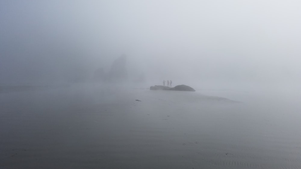 a foggy beach with a small rock in the middle