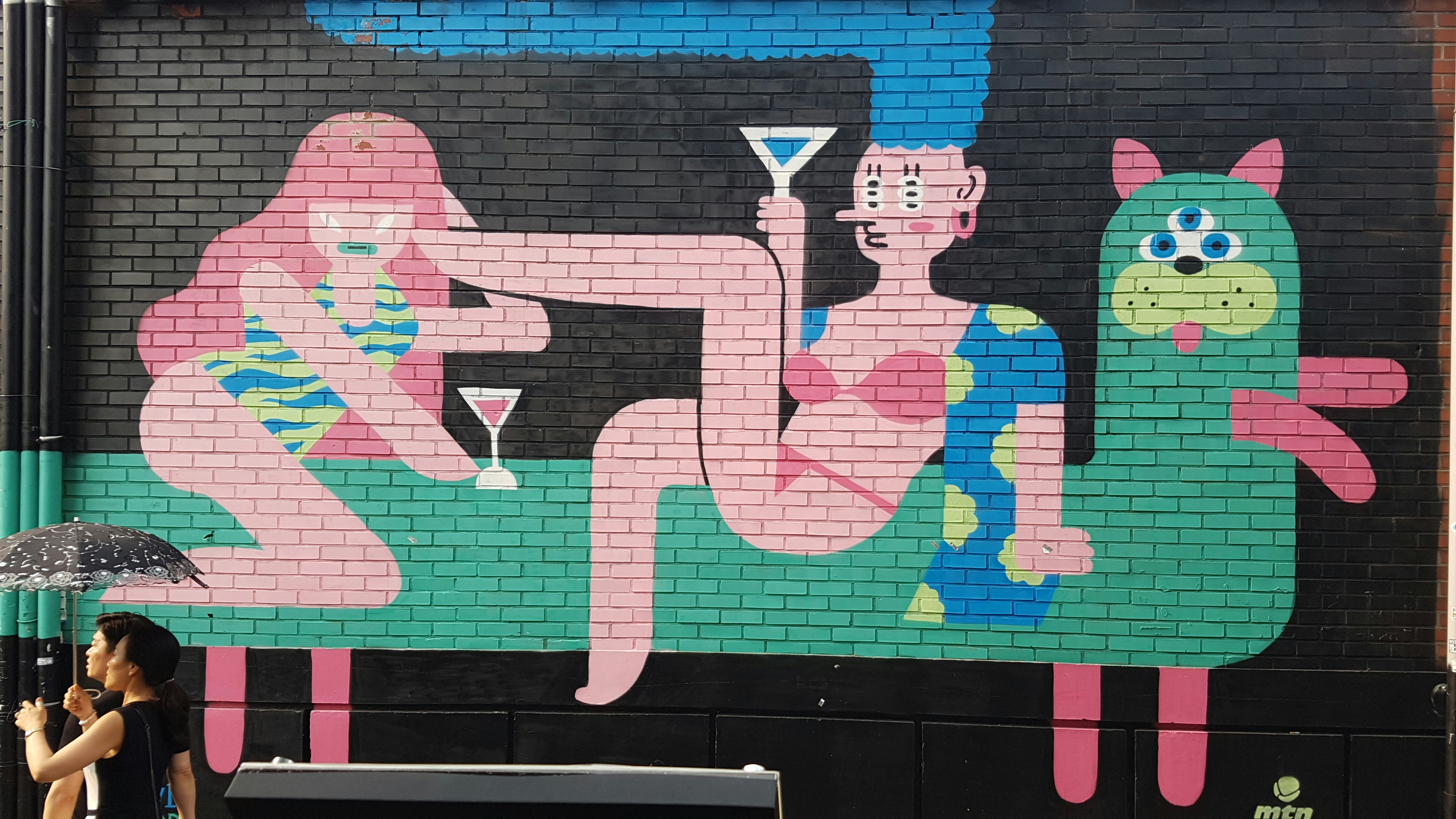 woman holding black umbrella pop art teams background