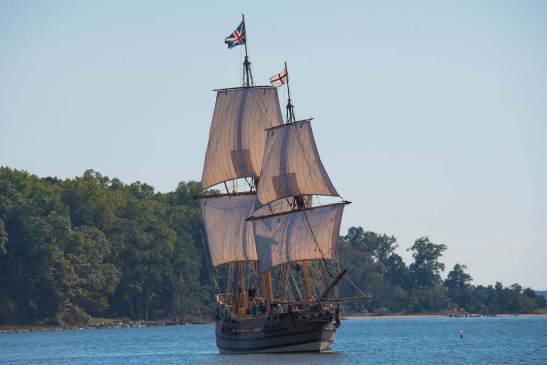 brown galleon ship on body of water near trees,