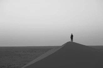 A striking black and white still from a desert scene, capturing a lone figure against vast dunes under dramatic skies.