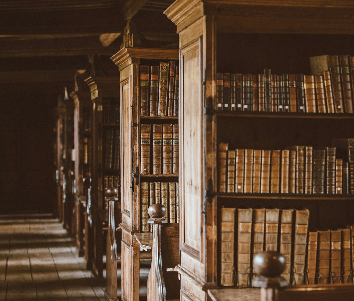Traditional library shelves at Wells Cathedral, UK