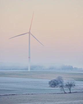 Wind turbines spinning gracefully along a misty coastline at dawn