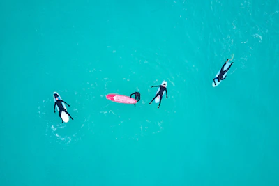 Four surfers wearing wetsuits float on surfboards in the vibrant turquoise water. They are spaced apart, leisurely lying on their boards, indicating a relaxed and calm scene.