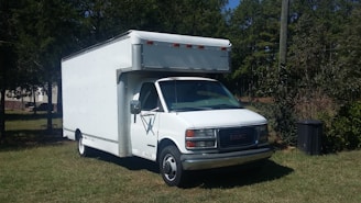 A white box truck with a prominent cab is parked on a grassy area surrounded by trees. The vehicle appears to be in good condition, with a clean exterior and visible side mirrors. The area is rural, with some trees in the background providing greenery.