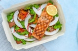 vegetable salad with grilled salmon